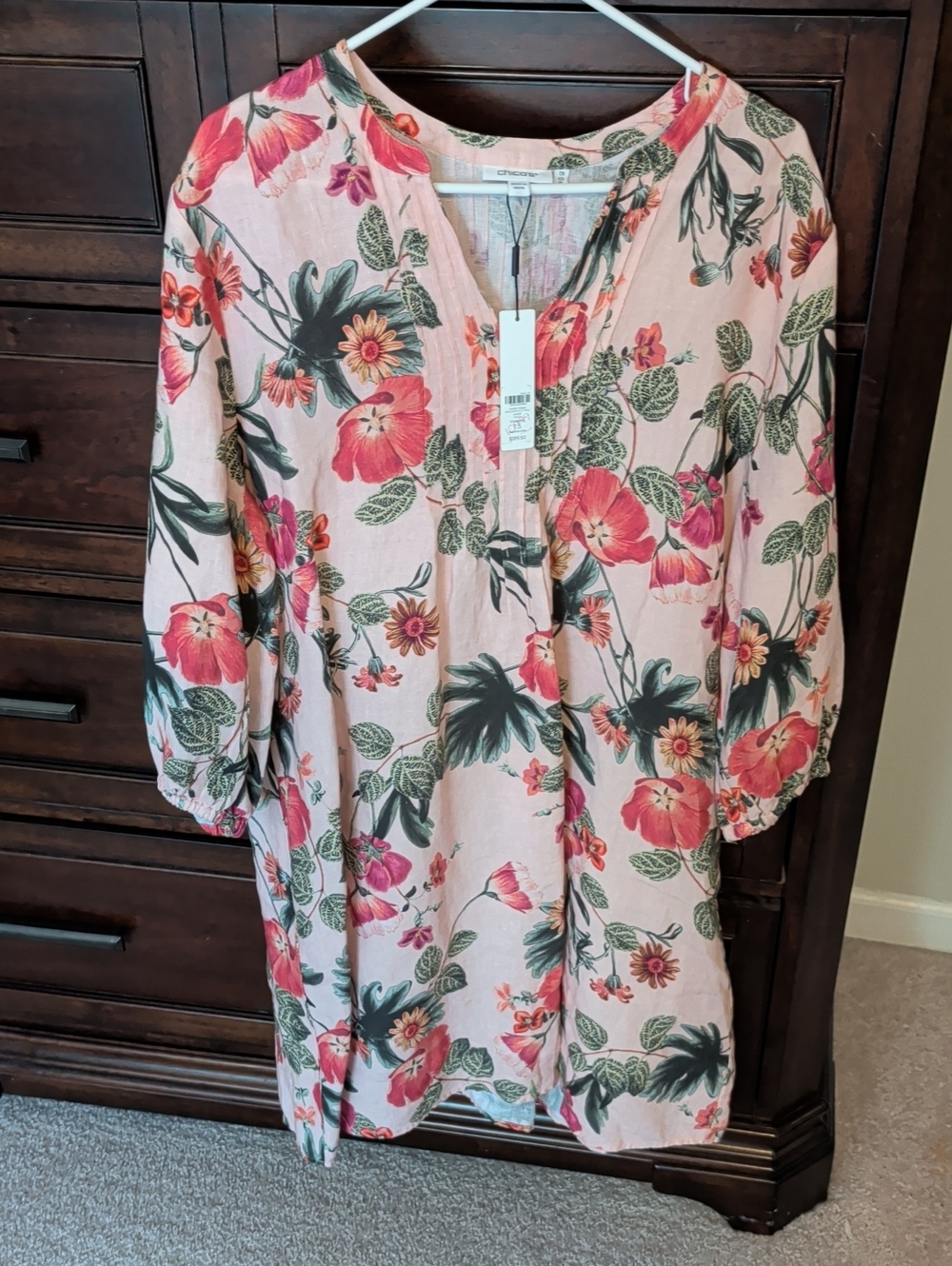 Chico's Pink Floral Long-Sleeve Tunic Dress